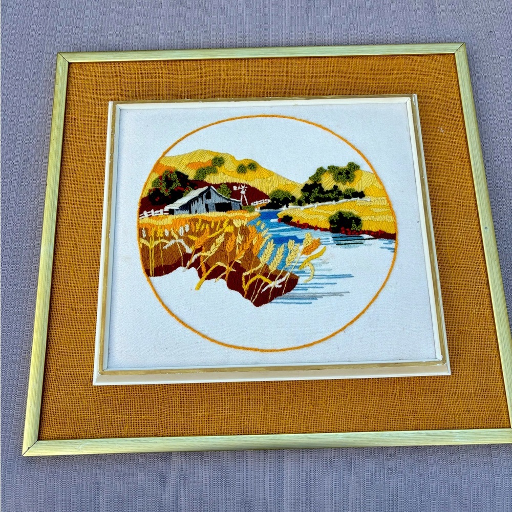 Vintage Crewel Embroidery Barn Scene Rustic Wall Art